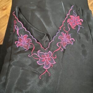 Black Nightgown with Floral Embroidery with Blue Belt